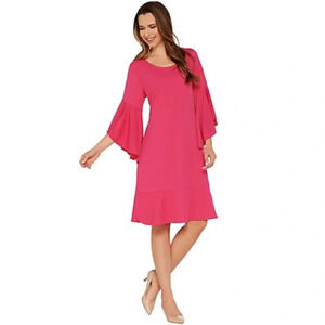 Isaac Mizrahi Live Pink Pebble Knit Cascade Ruffle Sleeve Fit & Flare Dress Sz S
